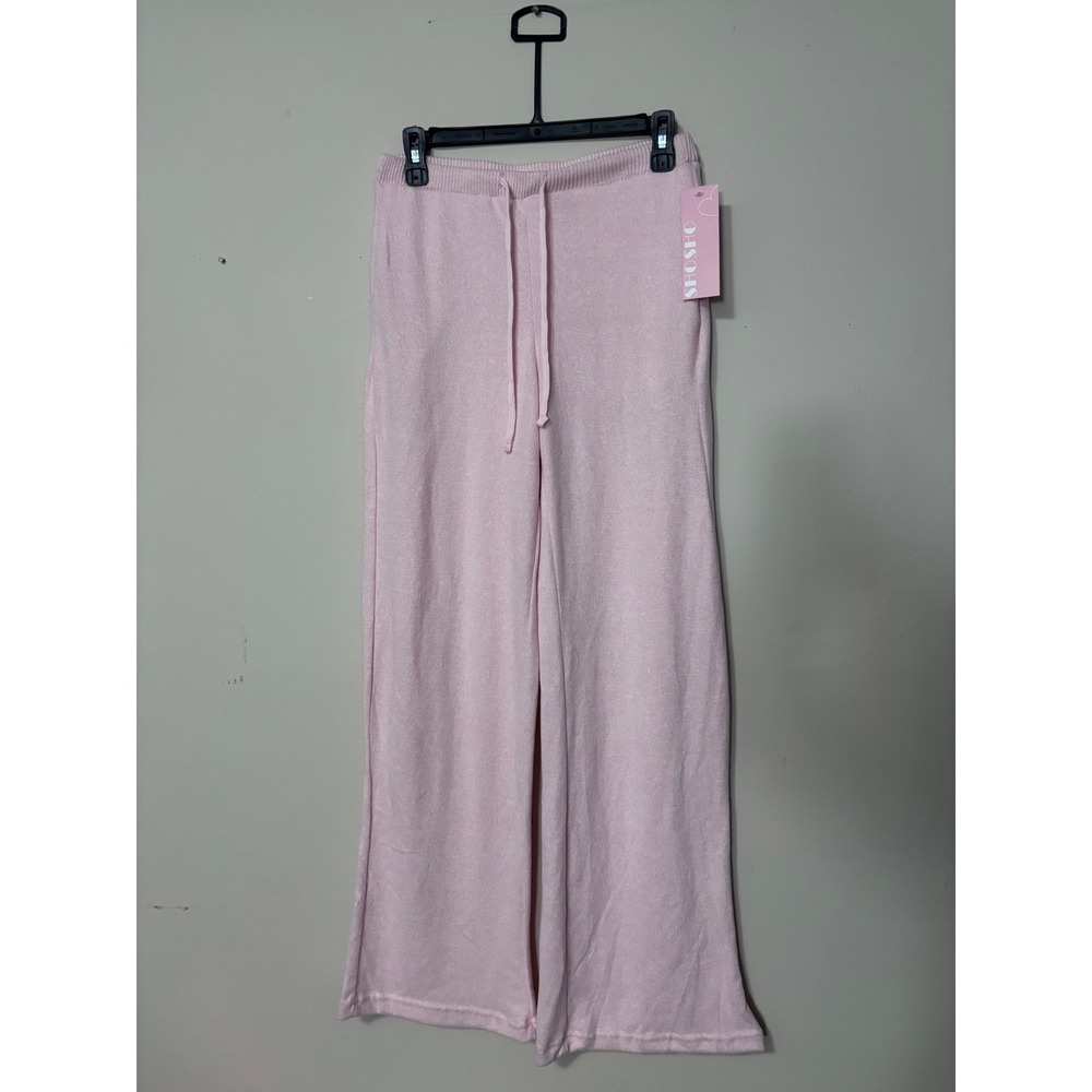 Womens medium Pink Knit Wide‎ Leg Lounge Pants Drawstring Pockets Shosho nwt